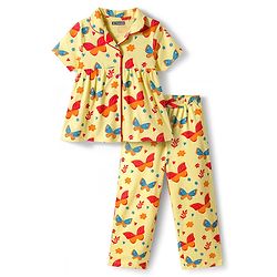 Pine Kids Single Jersey Knit Half Sleeves Co-ords Night Suit With Butterfly Print - Yellow