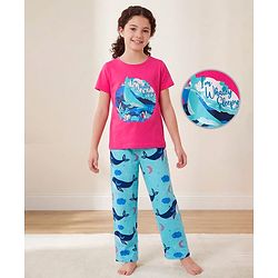 Pine Kids Single Jersey Knit Half Sleeves Night Suit With Whale Print - Blue & Dark Pink