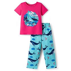 Pine Kids Single Jersey Knit Half Sleeves Night Suit With Whale Print - Blue & Dark Pink