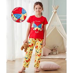 Pine Kids Single Jersey Knit Half Sleeves Night Suit With Butterfly Print - Red & Lime