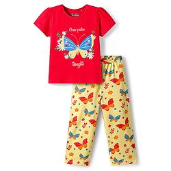 Pine Kids Single Jersey Knit Half Sleeves Night Suit With Butterfly Print - Red & Lime