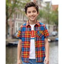 Pine Kids Cotton Woven Half Sleeves Printed Shirt With T-Shirt - Multicolour