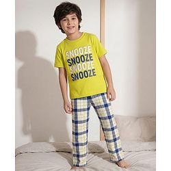 Pine Kids Single Jersey Knit Half Sleeves Night Suit With Text Print - Green & Blue