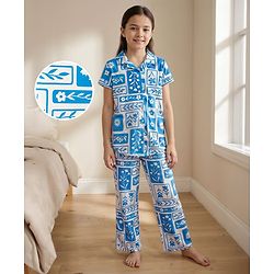 Pine Kids Single Jersey Knit Half Sleeves Co-ords Night Suit With Floral Print - White & Blue