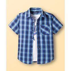 Pine Kids Cotton Woven Half Sleeves Checks Shirt With Printed T-Shirt - Blue