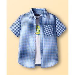 Pine Kids Cotton Woven Half Sleeves Checks Shirt With Printed T-Shirt - Navy Blue