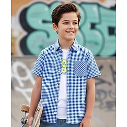 Pine Kids Cotton Woven Half Sleeves Checks Shirt With Printed T-Shirt - Navy Blue
