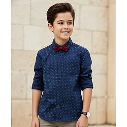 Pine Kids Cotton Woven Full Sleeves Party Shirt With Polka Dot Print & Bow - Navy Blue