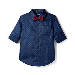 Pine Kids Cotton Woven Full Sleeves Party Shirt With Polka Dot Print & Bow - Navy Blue