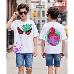 Pine Kids Marvel Single Jersey Knit Drop Shoulder Half Sleeves Oversized T-Shirt with Spider Man Front & Back Graphic - White