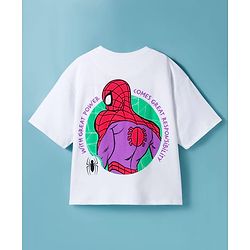 Pine Kids Marvel Single Jersey Knit Drop Shoulder Half Sleeves Oversized T-Shirt with Spider Man Front & Back Graphic - White