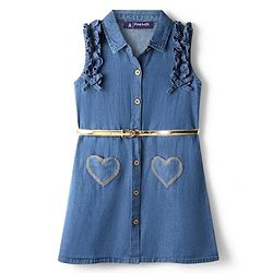 Pine Kids Cotton Woven Frill Sleeves Frock with Heart Patch & Belt - Navy Blue