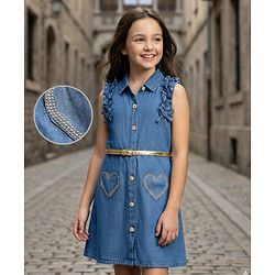 Pine Kids Cotton Woven Frill Sleeves Frock with Heart Patch & Belt - Navy Blue