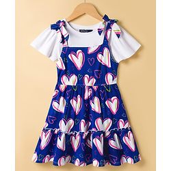 Pine Kids Cotton Knit Half Flutter Sleeves Tiered Frock with Inner T-Shirt & Heart Print - Multicolor