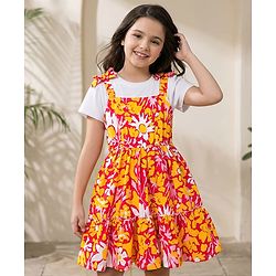 Pine Kids Cotton Knit Half Flutter Sleeves Tiered Frock with Inner T-Shirt & Floral Print - Multicolor