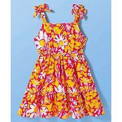 Pine Kids Cotton Knit Half Flutter Sleeves Tiered Frock with Inner T-Shirt & Floral Print - Multicolor