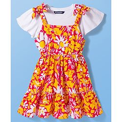 Pine Kids Cotton Knit Half Flutter Sleeves Tiered Frock with Inner T-Shirt & Floral Print - Multicolor