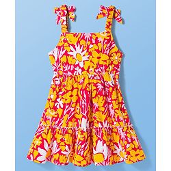 Pine Kids Cotton Knit Half Flutter Sleeves Tiered Frock with Inner T-Shirt & Floral Print - Multicolor