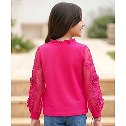 Pine Kids Woven Full Sleeves Top with Floral Embroidery - Dark Pink