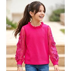 Pine Kids Woven Full Sleeves Top with Floral Embroidery - Dark Pink