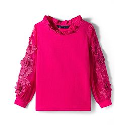 Pine Kids Woven Full Sleeves Top with Floral Embroidery - Dark Pink