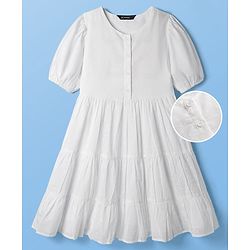 Pine Kids Cotton Woven Half Sleeves Frock with Swiss Dots - White