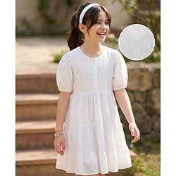 Pine Kids Cotton Woven Half Sleeves Frock with Swiss Dots - White