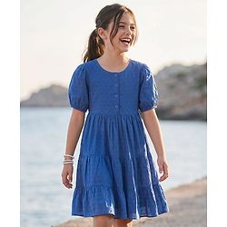 Pine Kids Cotton Woven Half Sleeves Frock with Texture Design -  Navy