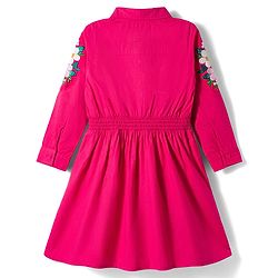 Pine Kids Cotton Woven Full Sleeves Frock With Floral Embroidery - Fuchsia