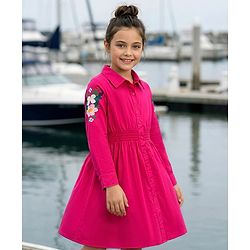 Pine Kids Cotton Woven Full Sleeves Frock With Floral Embroidery - Fuchsia