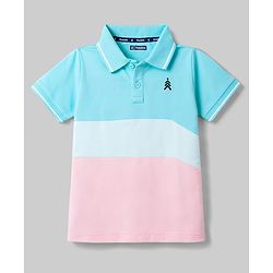 Pine Kids Cotton Knit Half Sleeves Polo T-Shirt with Colour Block Design & Dino Print in Back - Aqua & Pink