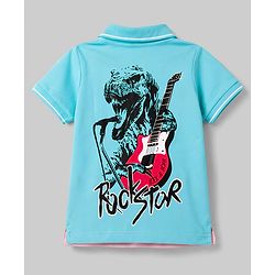 Pine Kids Cotton Knit Half Sleeves Polo T-Shirt with Colour Block Design & Dino Print in Back - Aqua & Pink