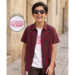 Pine Kids Cotton Woven Half Sleeves Checkered Shirt with Inner Tee - Red