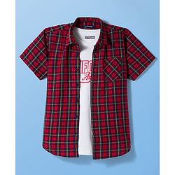 Pine Kids Cotton Woven Half Sleeves Checkered Shirt with Inner Tee - Red