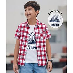 Pine Kids Cotton Woven Half Sleeve Checked Shirt & Inner Tee with Racing Graphic - Multicolor