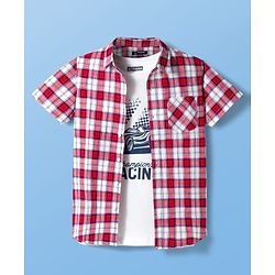Pine Kids Cotton Woven Half Sleeve Checked Shirt & Inner Tee with Racing Graphic - Multicolor
