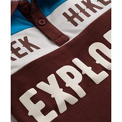 Pine Kids Cotton Knit Half Sleeves Polo T-Shirt with Colour Block Design & Text Print - Brown