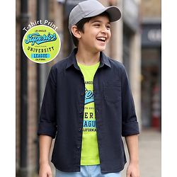 Pine Kids Cotton Woven Full Sleeves Shirt With Text Printed T-Shirt - Navy Blue