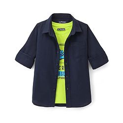 Pine Kids Cotton Woven Full Sleeves Shirt With Text Printed T-Shirt - Navy Blue