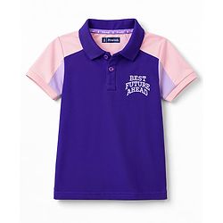 Pine Kids Cotton Knit Half Sleeves Polo T-Shirt with Colour Block Design & Text Print in Back - Purple