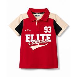 Pine Kids Cotton Knit Half Sleeves Polo T-Shirt with Colour Block Design & Text Print in Back - Red