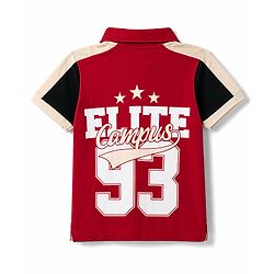 Pine Kids Cotton Knit Half Sleeves Polo T-Shirt with Colour Block Design & Text Print in Back - Red