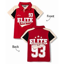 Pine Kids Cotton Knit Half Sleeves Polo T-Shirt with Colour Block Design & Text Print in Back - Red