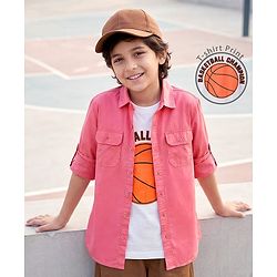 Pine Kids Cotton Woven Full Sleeves Solid Shirt With Basketball Champion Tank Top - Red