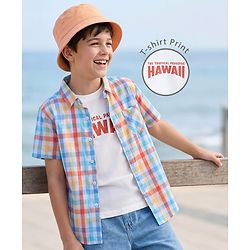 Pine Kids 100% Cotton Knit Half Sleeves Checks Shirt & Sleeveless Tank T-Shirt With Text Print - Multicolour
