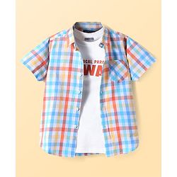 Pine Kids 100% Cotton Knit Half Sleeves Checks Shirt & Sleeveless Tank T-Shirt With Text Print - Multicolour