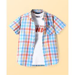 Pine Kids 100% Cotton Knit Half Sleeves Checks Shirt & Sleeveless Tank T-Shirt With Text Print - Multicolour