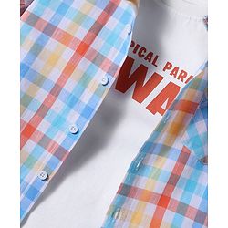 Pine Kids 100% Cotton Knit Half Sleeves Checks Shirt & Sleeveless Tank T-Shirt With Text Print - Multicolour