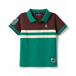 Pine Kids Cotton Knit Half Sleeves Striped Polo T-Shirt With Patch - Green & Black