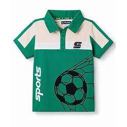 Pine Kids Cotton Knit Half Sleeves Polo T-Shirt with Colour Block Design & Football Print -Green